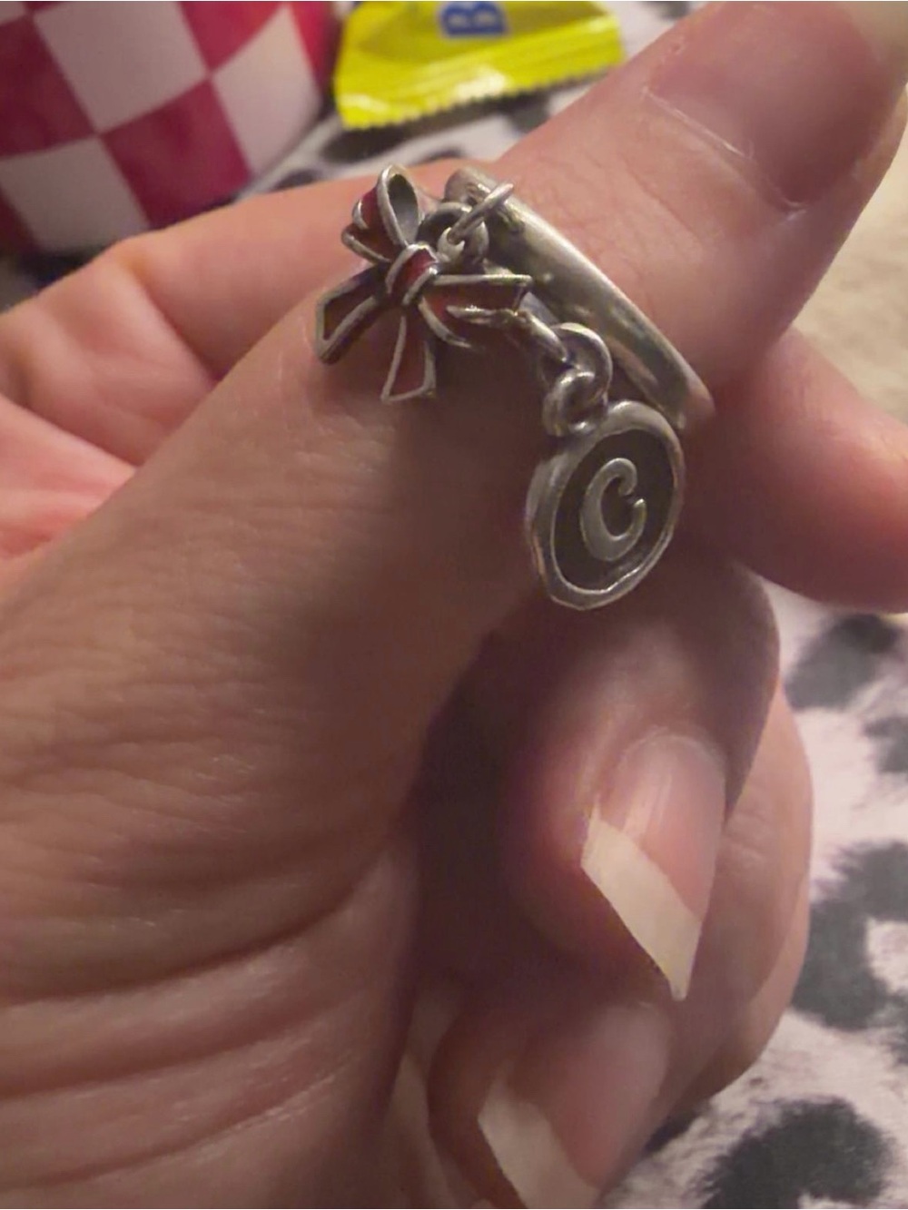 Silver Bow Charm Initial 'C' Dangle Ring - Women Jewelry
